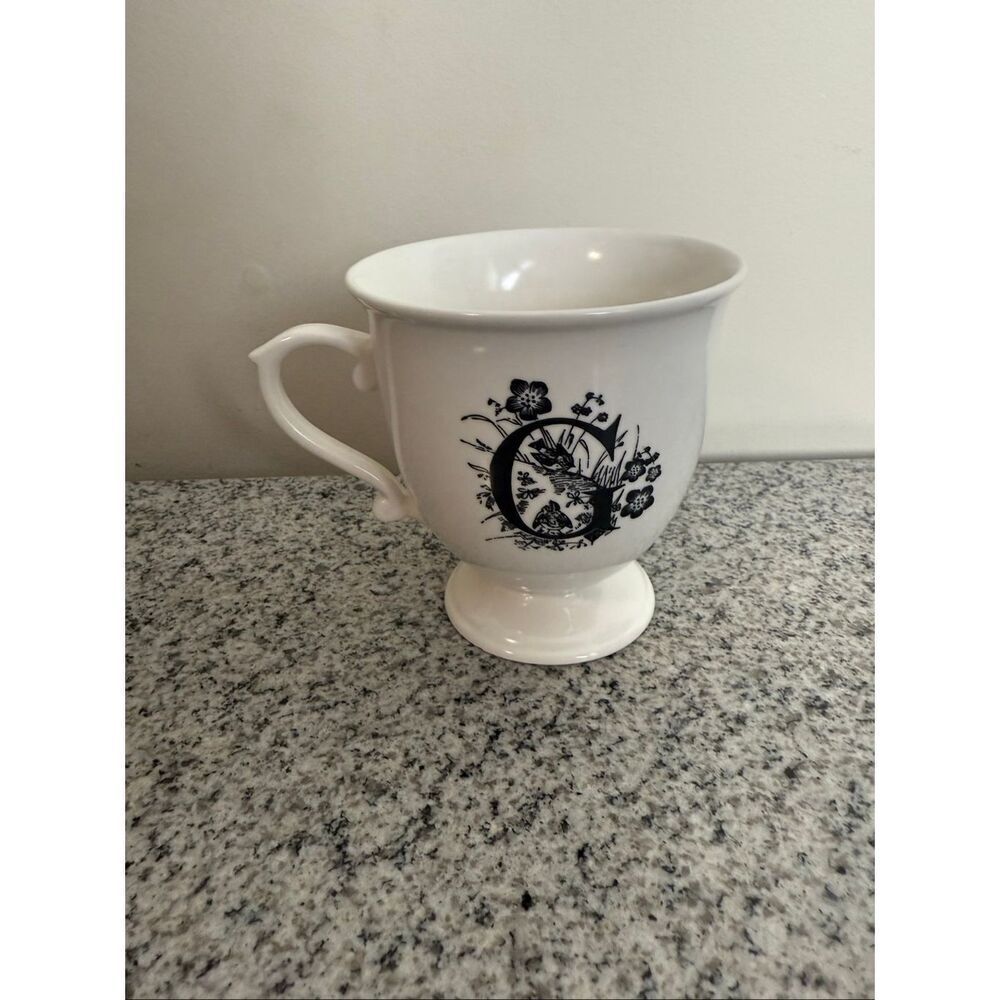 Anthropologie Monogram Letter G Mug Footed Floral Bird Pedestal Black & White 4”